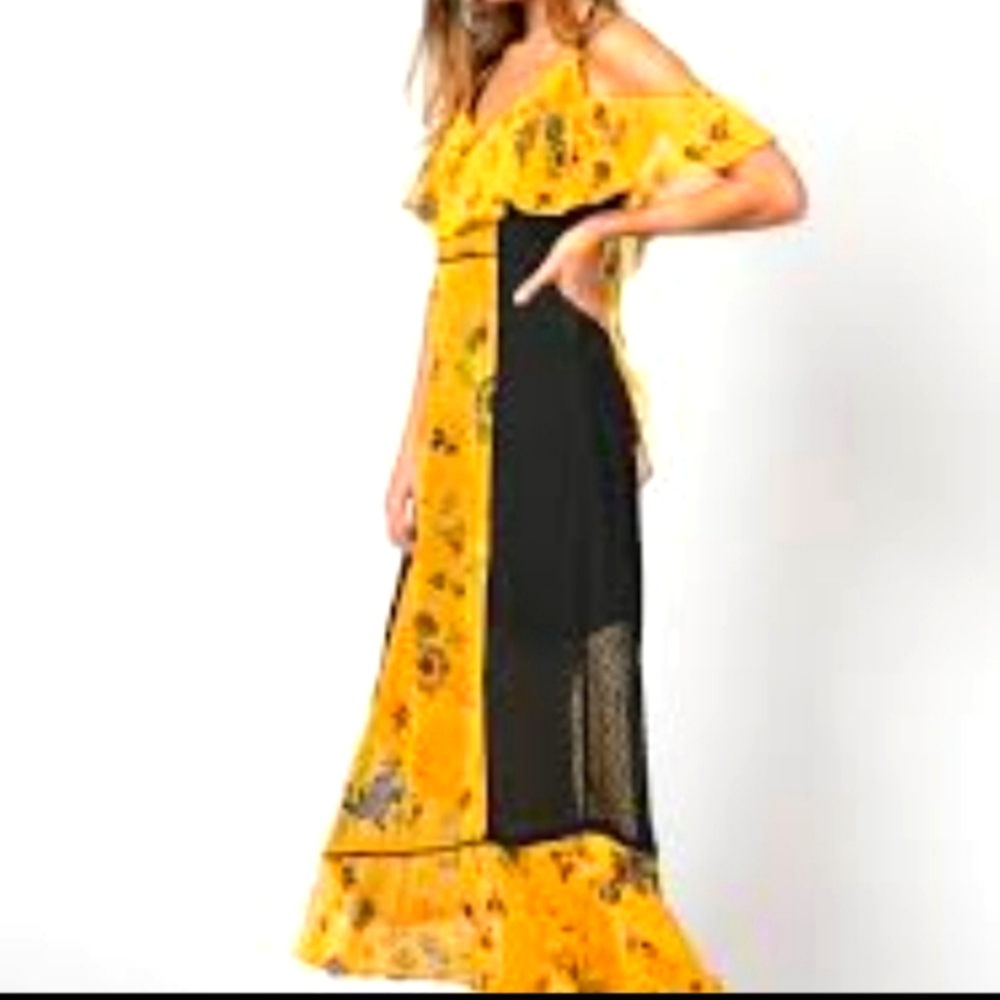 Religion Poise floral yellow black maxi dress in dawn print off shoulder MEDIUM